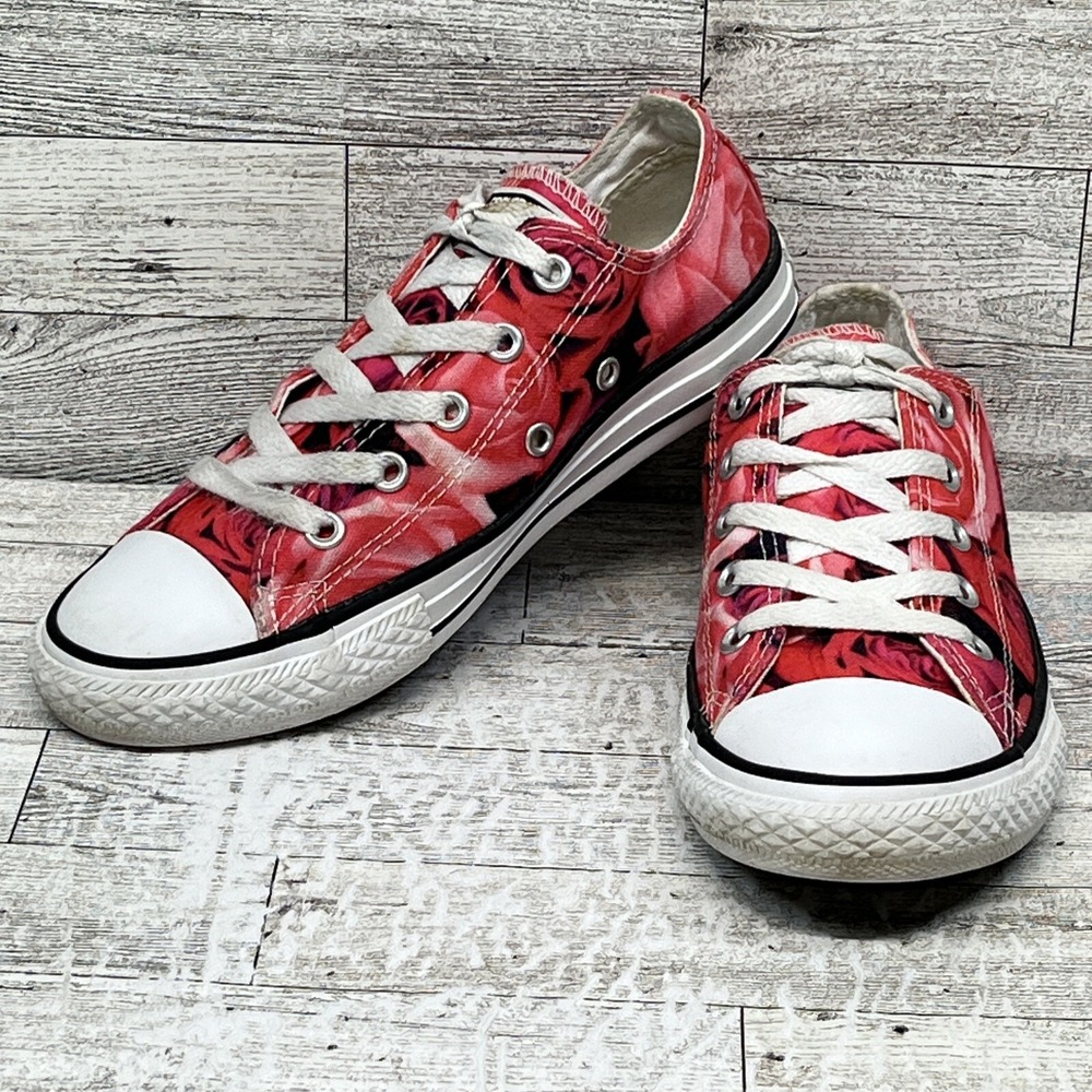 Converse All Star Youth Size 2 Roses Pink White & Black Floral Canvas Lace Ups